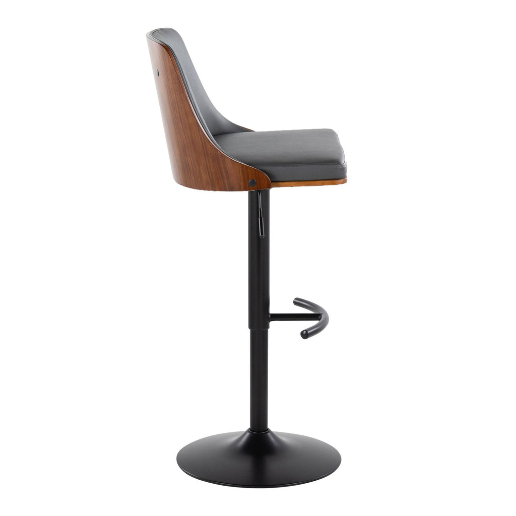 Gianna Adjustable Barstool - Set of 2 - Matte Black Metal, Walnut Wood, Grey PU