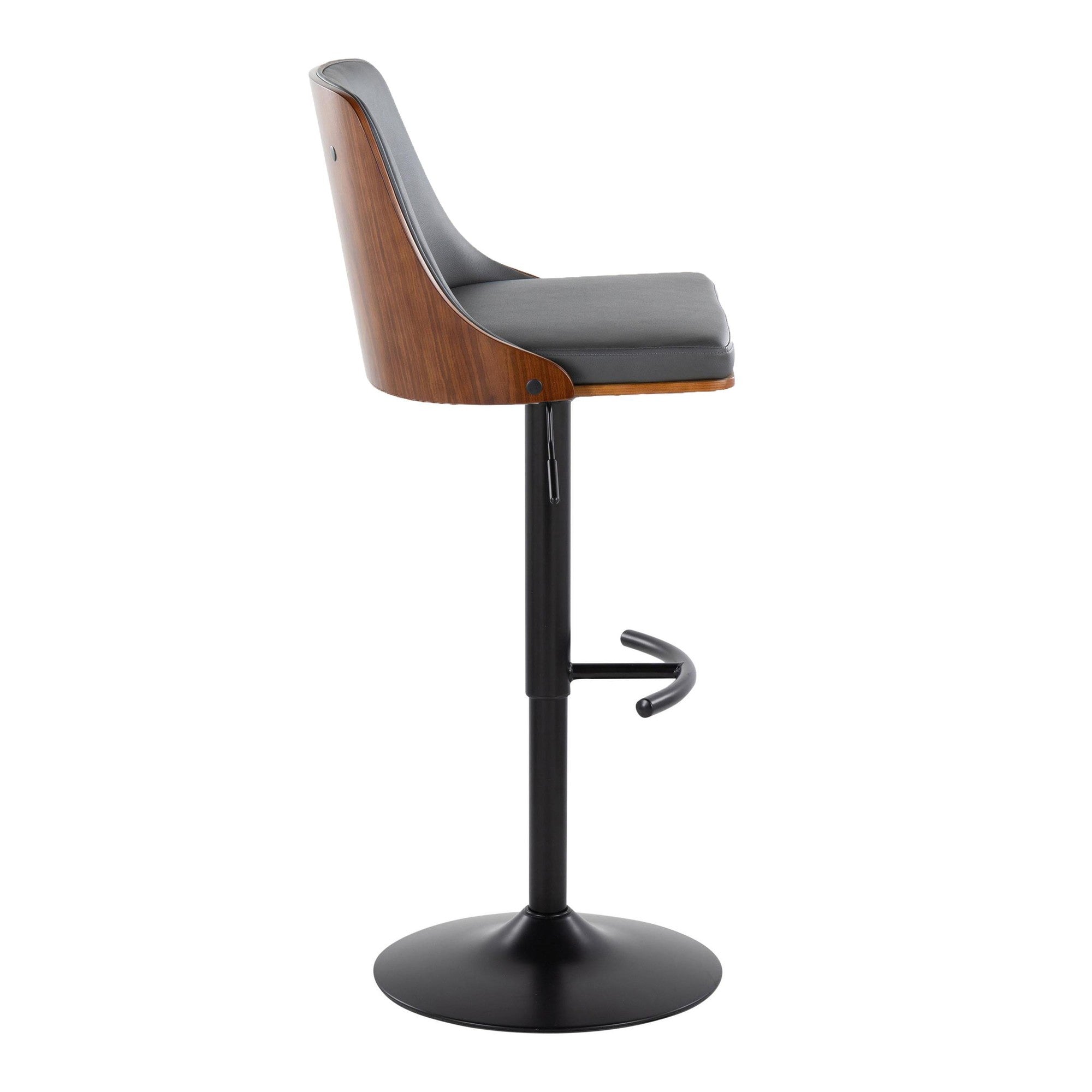 Gianna Adjustable Barstool - Set of 2 - Matte Black Metal, Walnut Wood, Grey PU