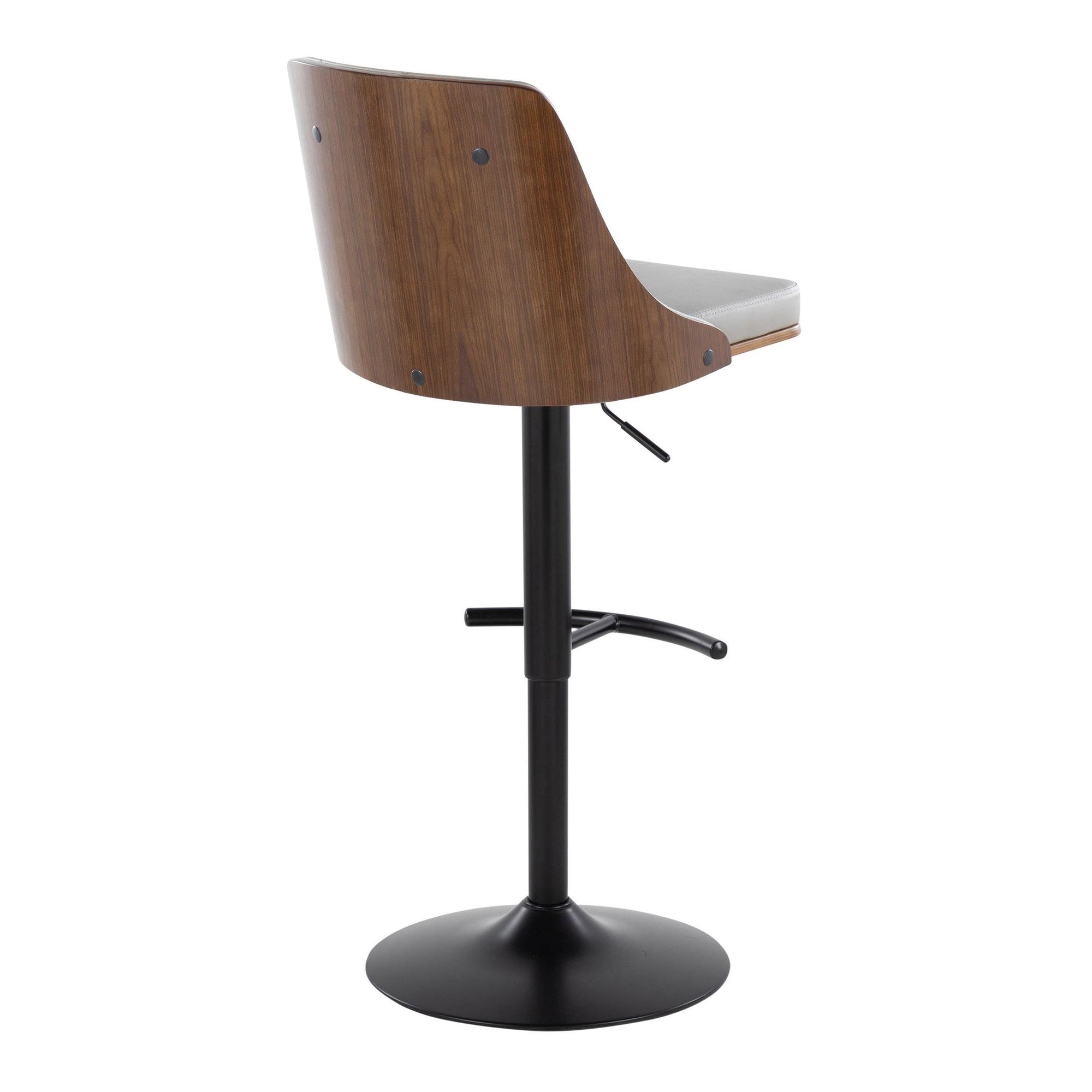 Gianna Adjustable Barstool - Set of 2 - Matte Black Metal, Walnut Wood, Light Grey PU