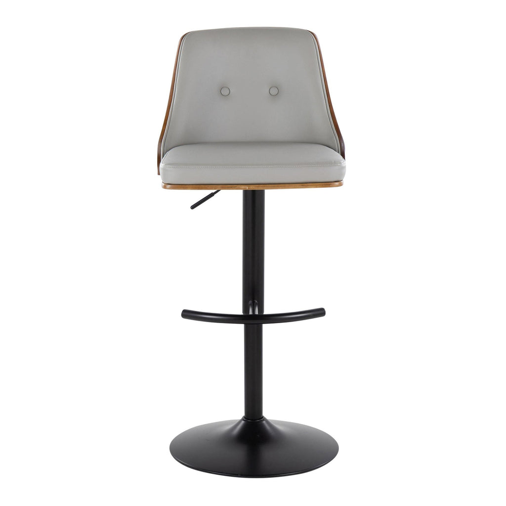 Gianna Adjustable Barstool - Set of 2 - Matte Black Metal, Walnut Wood, Light Grey PU