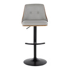 Gianna Adjustable Barstool - Set of 2 - Matte Black Metal, Walnut Wood, Light Grey PU