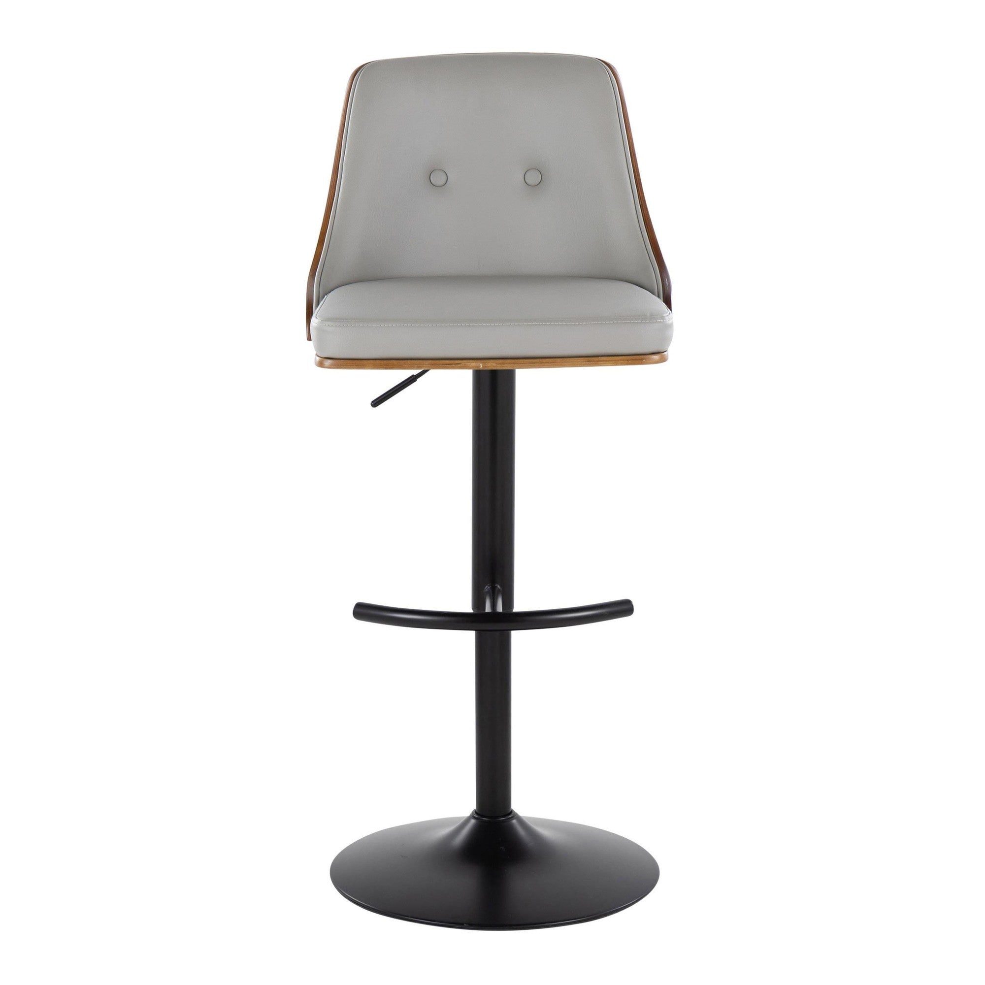 Gianna Adjustable Barstool - Set of 2 - Matte Black Metal, Walnut Wood, Light Grey PU