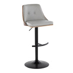 Gianna Adjustable Barstool - Set of 2 - Matte Black Metal, Walnut Wood, Light Grey PU