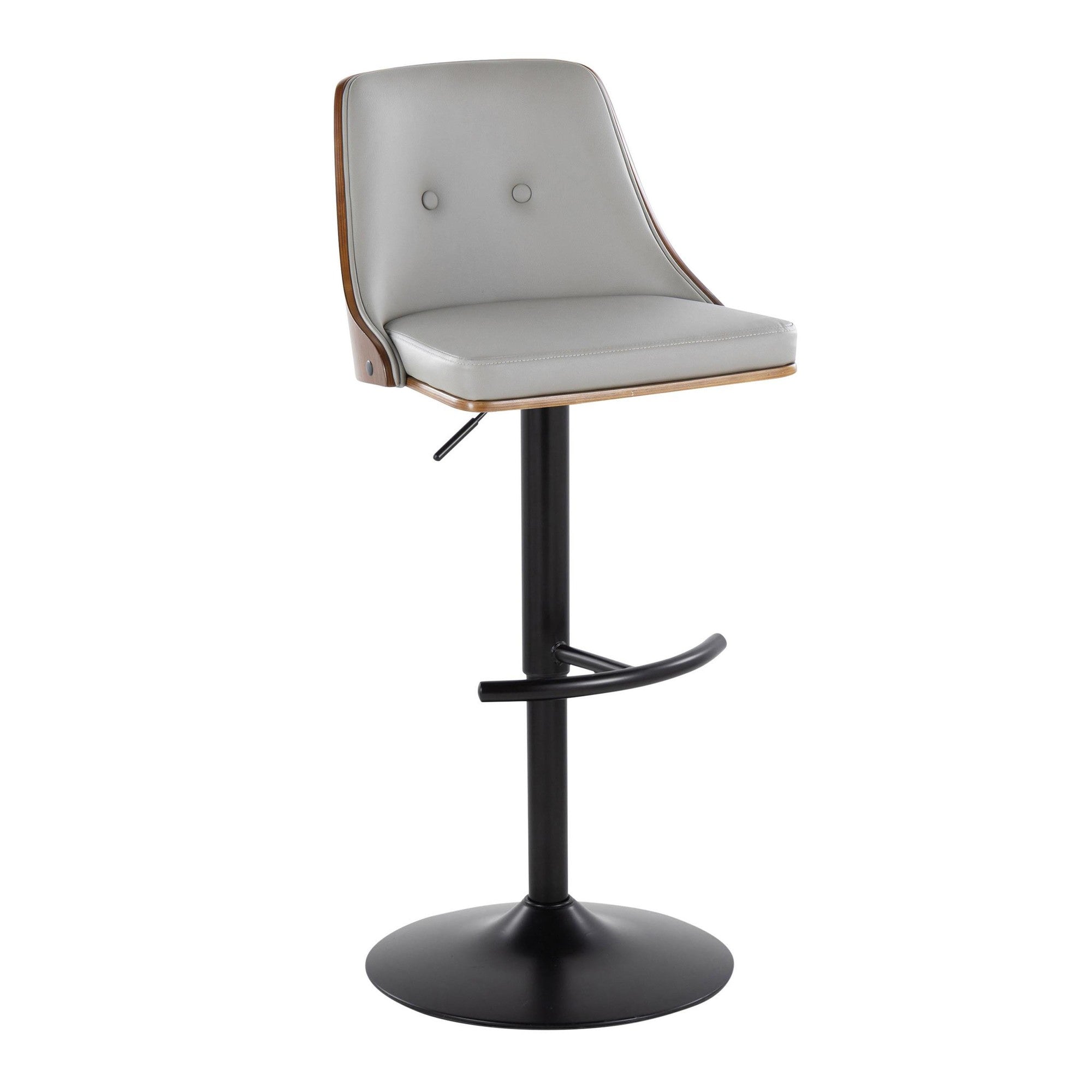 Gianna Adjustable Barstool - Set of 2 - Matte Black Metal, Walnut Wood, Light Grey PU
