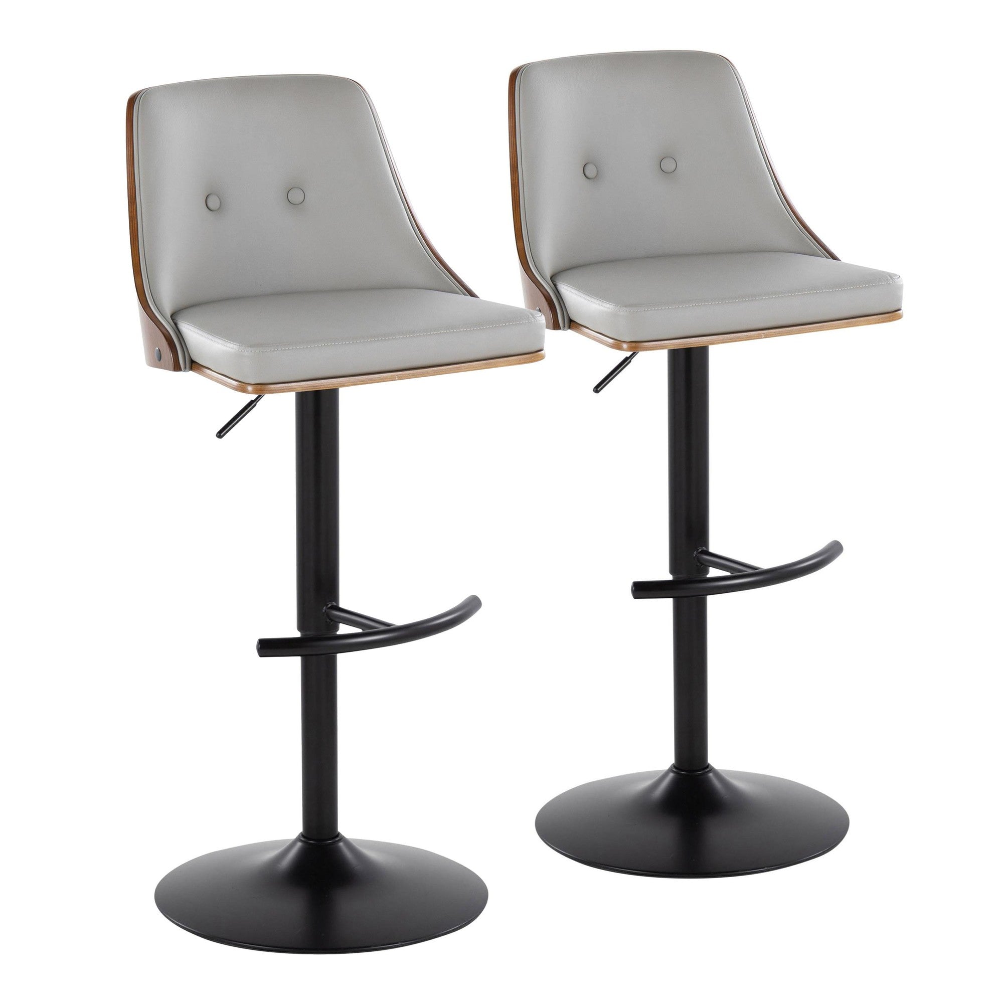 Gianna Adjustable Barstool - Set of 2 - Matte Black Metal, Walnut Wood, Light Grey PU