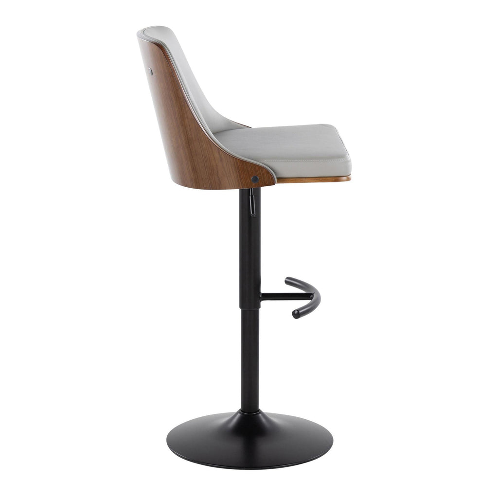 Gianna Adjustable Barstool - Set of 2 - Matte Black Metal, Walnut Wood, Light Grey PU
