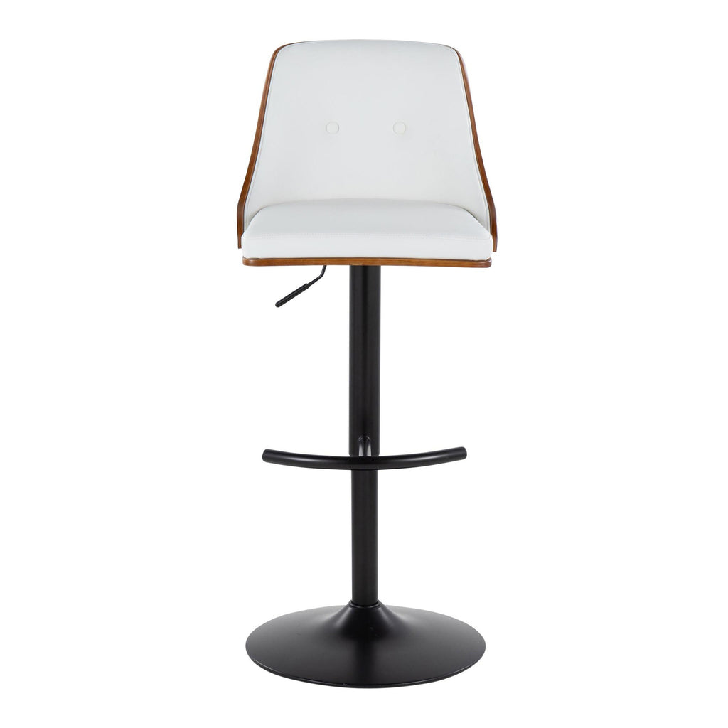 Gianna Adjustable Barstool - Set of 2 - Black Metal, Walnut Wood, White PU