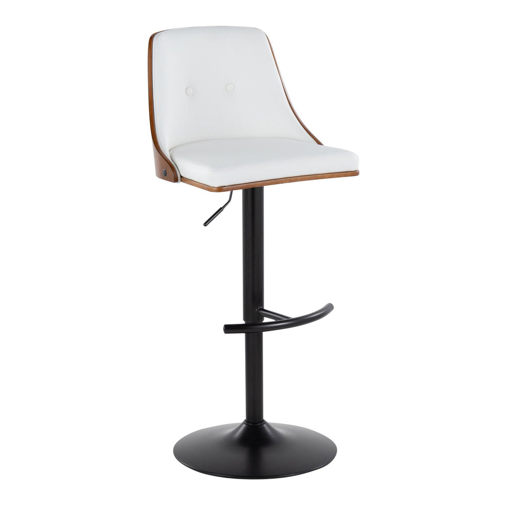 Gianna Adjustable Barstool - Set of 2 - Black Metal, Walnut Wood, White PU