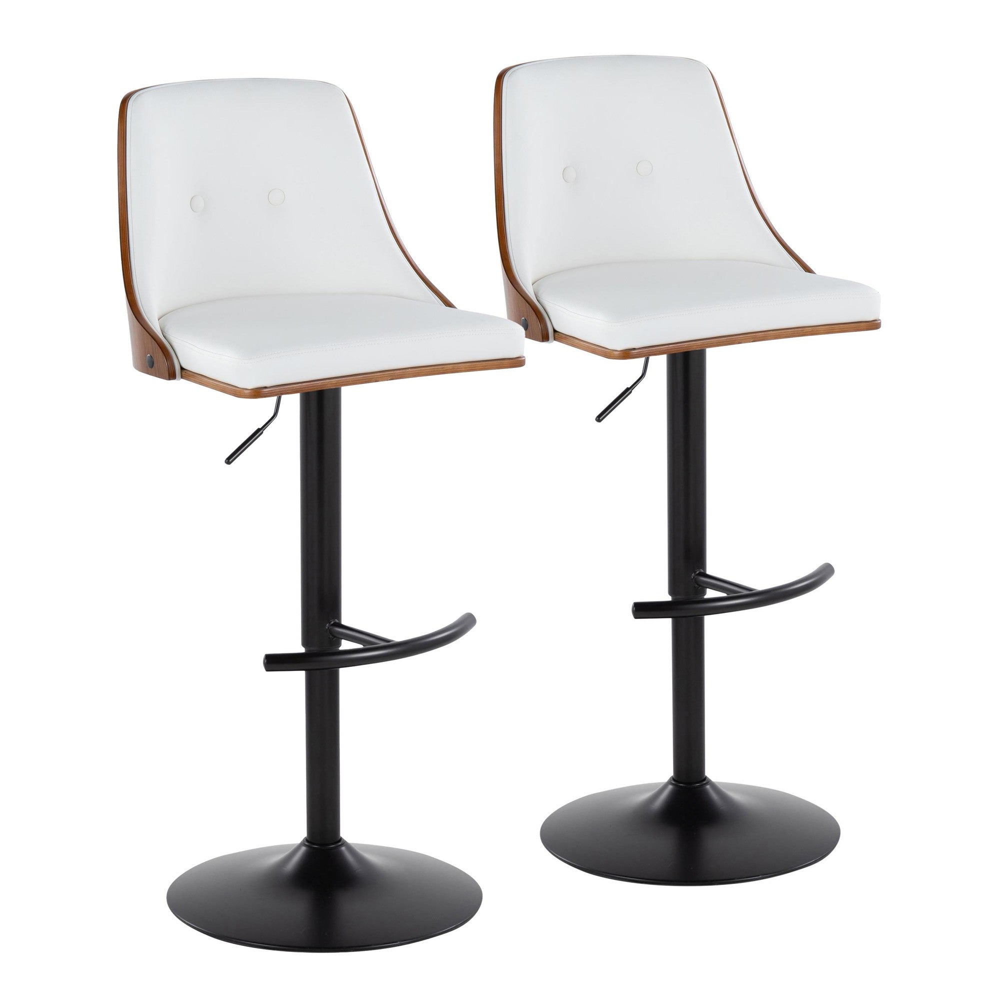 Gianna Adjustable Barstool - Set of 2 - Black Metal, Walnut Wood, White PU