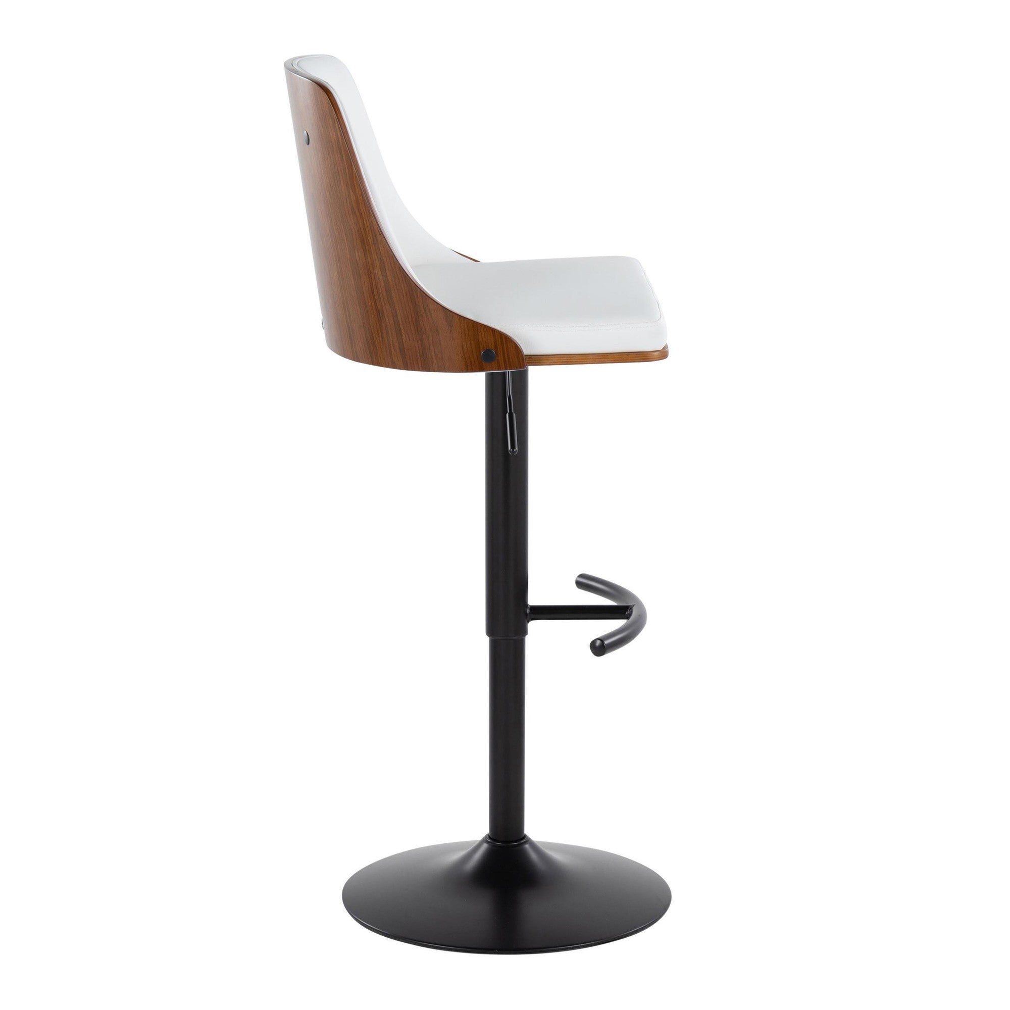 Gianna Adjustable Barstool - Set of 2 - Black Metal, Walnut Wood, White PU