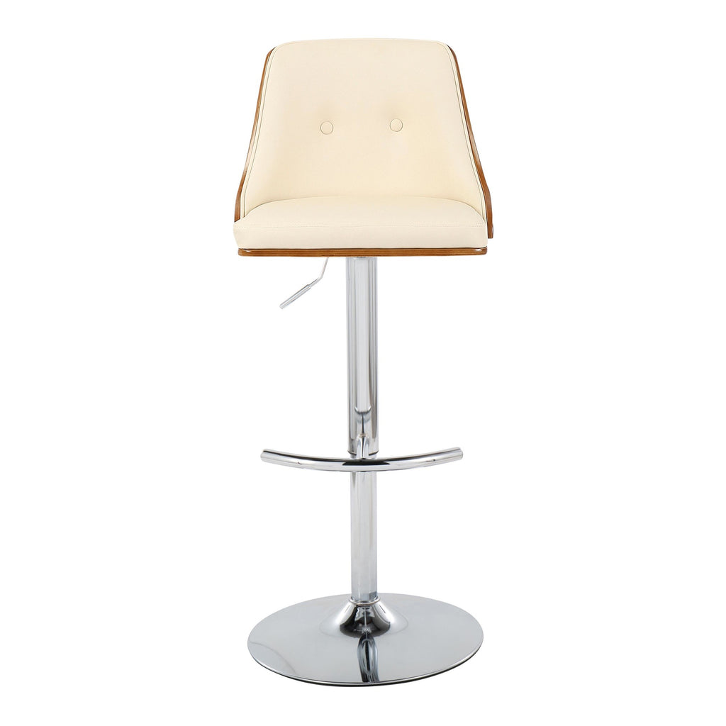 Gianna Adjustable Barstool - Set of 2 - Chrome Metal, Walnut Wood, Cream PU
