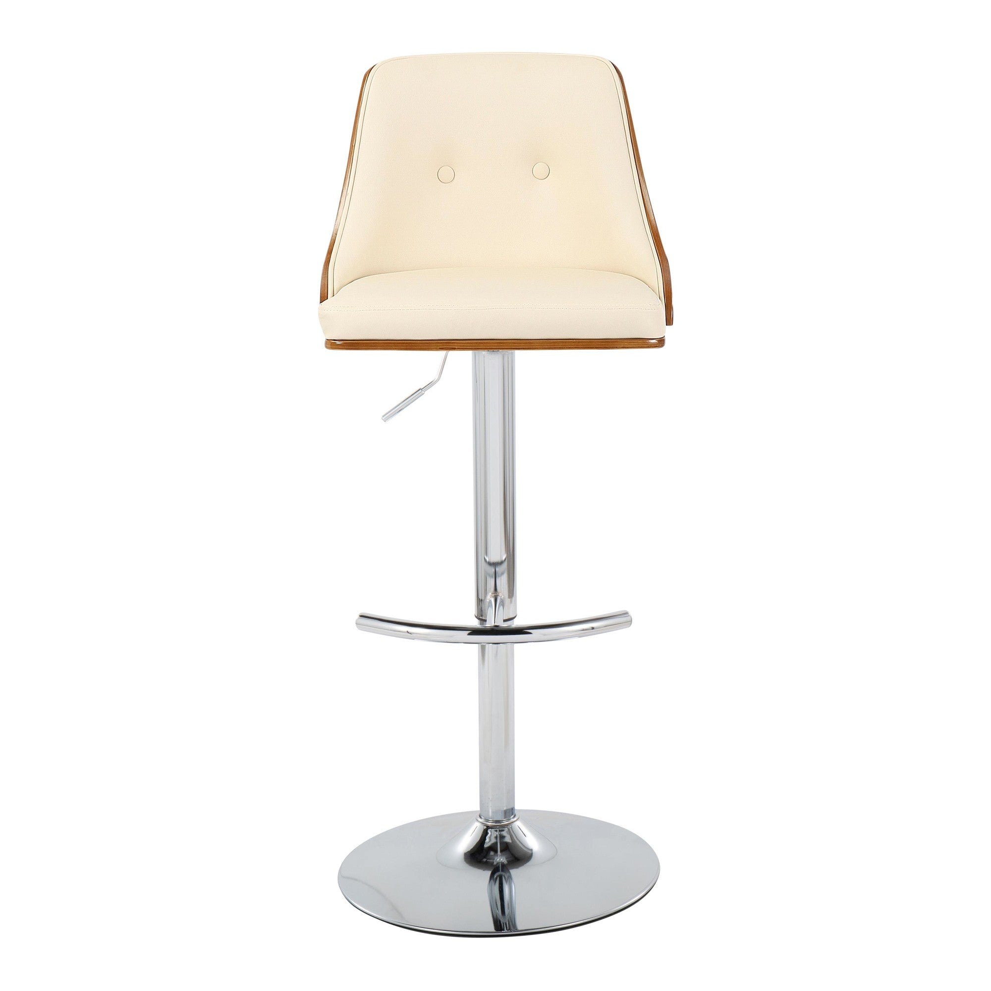 Gianna Adjustable Barstool - Set of 2 - Chrome Metal, Walnut Wood, Cream PU