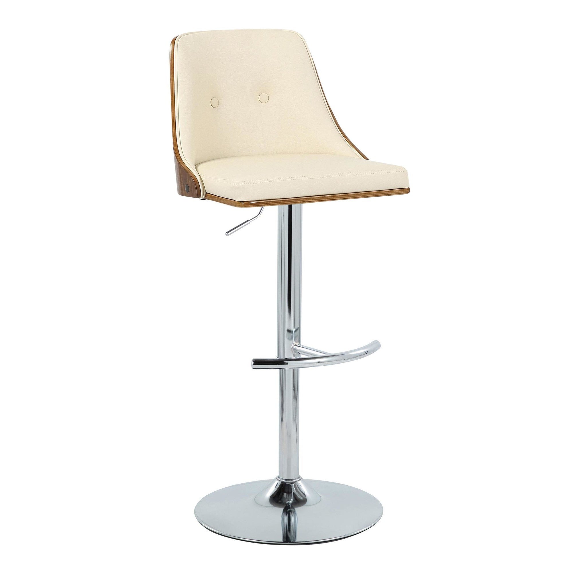Gianna Adjustable Barstool - Set of 2 - Chrome Metal, Walnut Wood, Cream PU