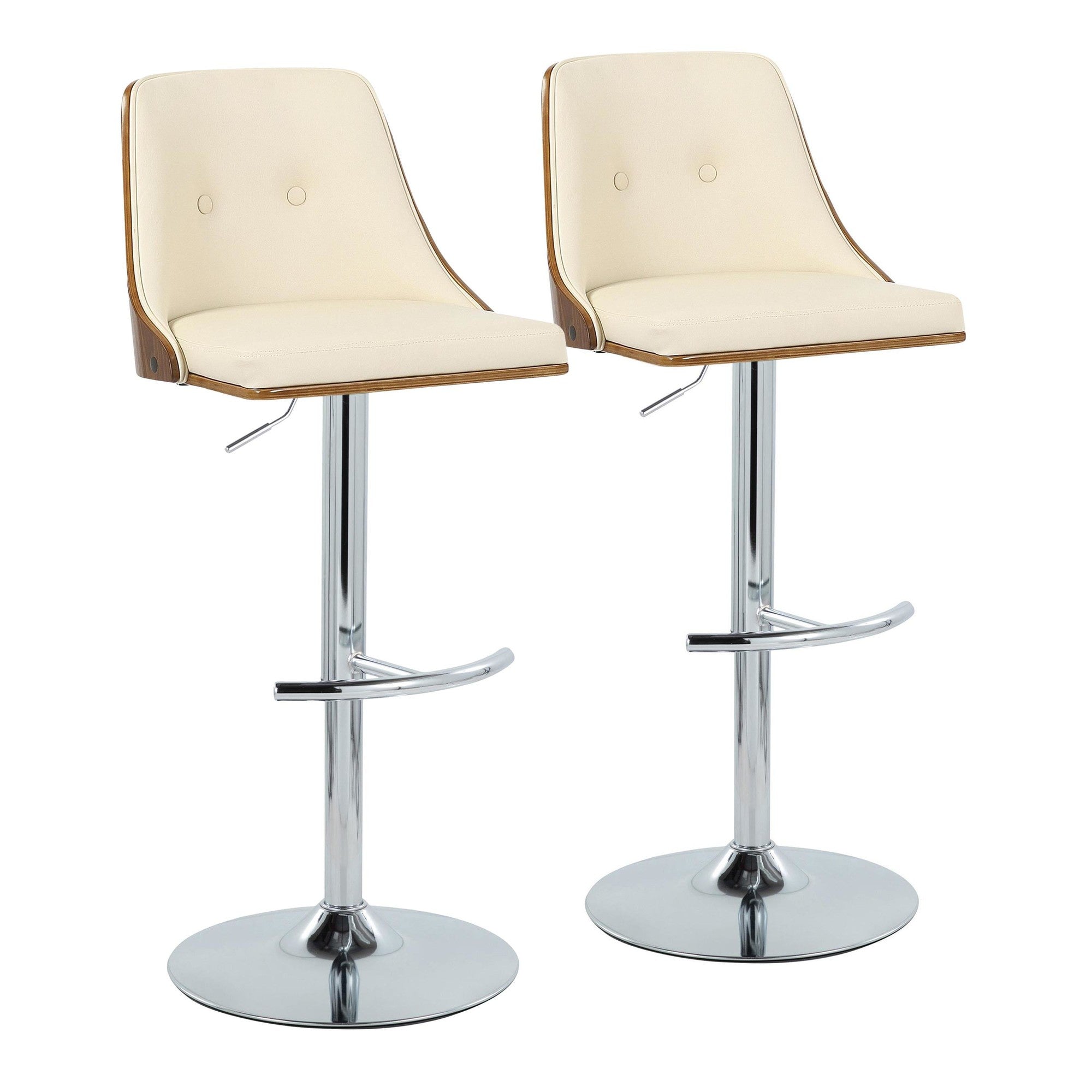 Gianna Adjustable Barstool - Set of 2 - Chrome Metal, Walnut Wood, Cream PU