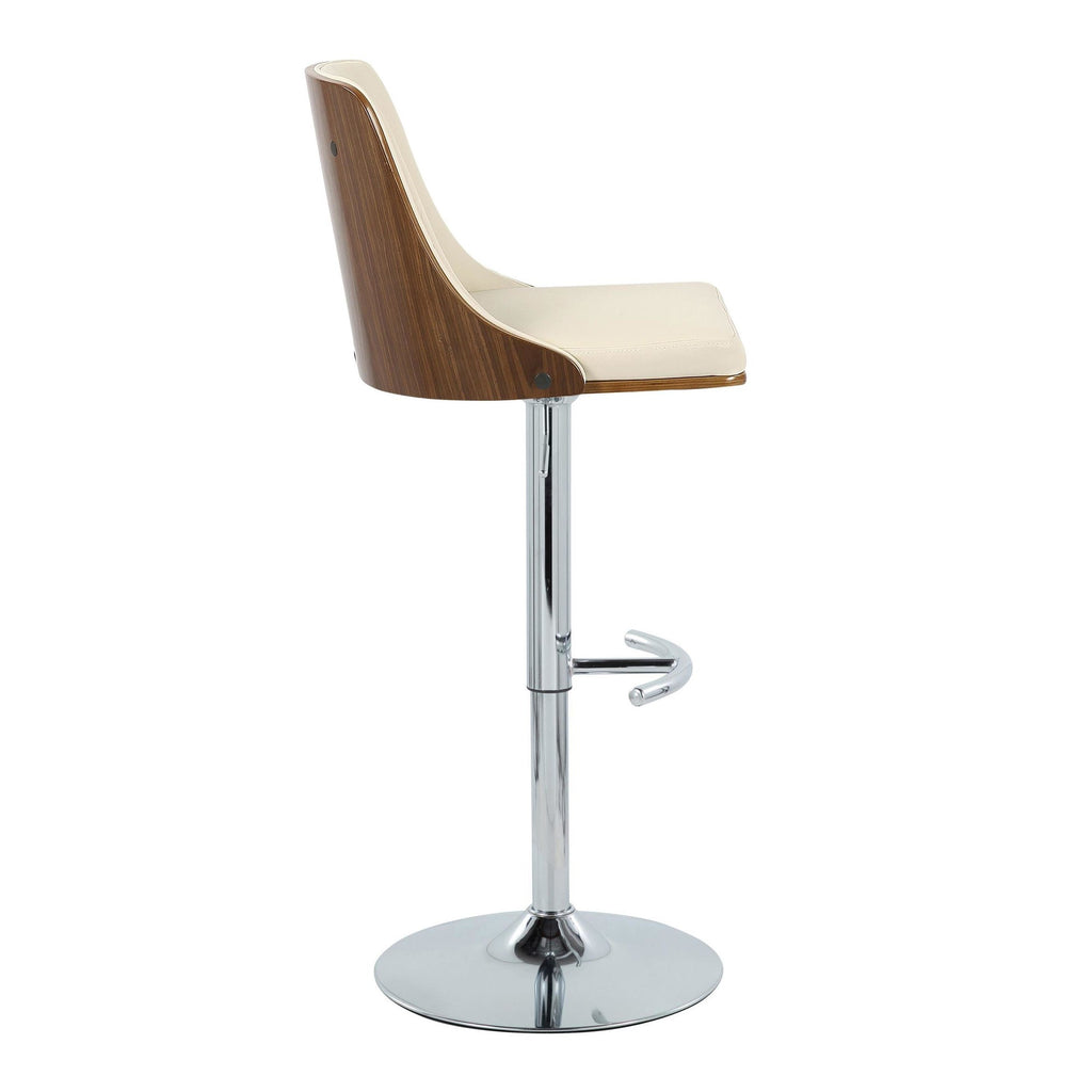 Gianna Adjustable Barstool - Set of 2 - Chrome Metal, Walnut Wood, Cream PU