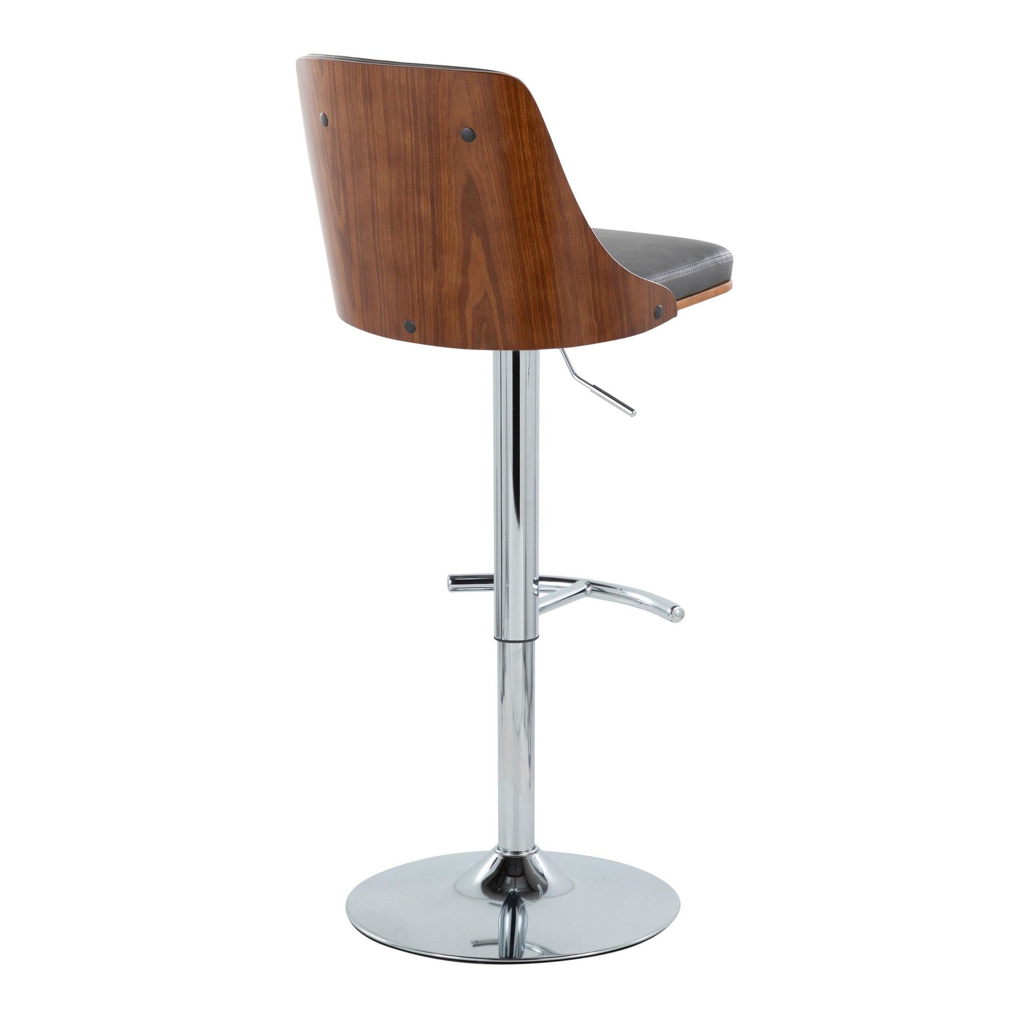 Gianna Adjustable Barstool - Set of 2 - Chrome Metal, Walnut Wood, Grey PU