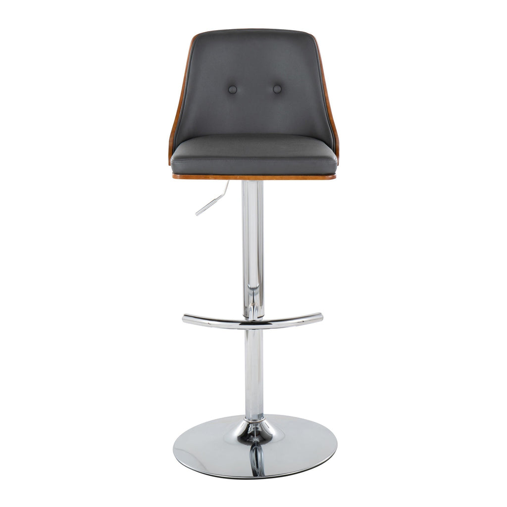 Gianna Adjustable Barstool - Set of 2 - Chrome Metal, Walnut Wood, Grey PU