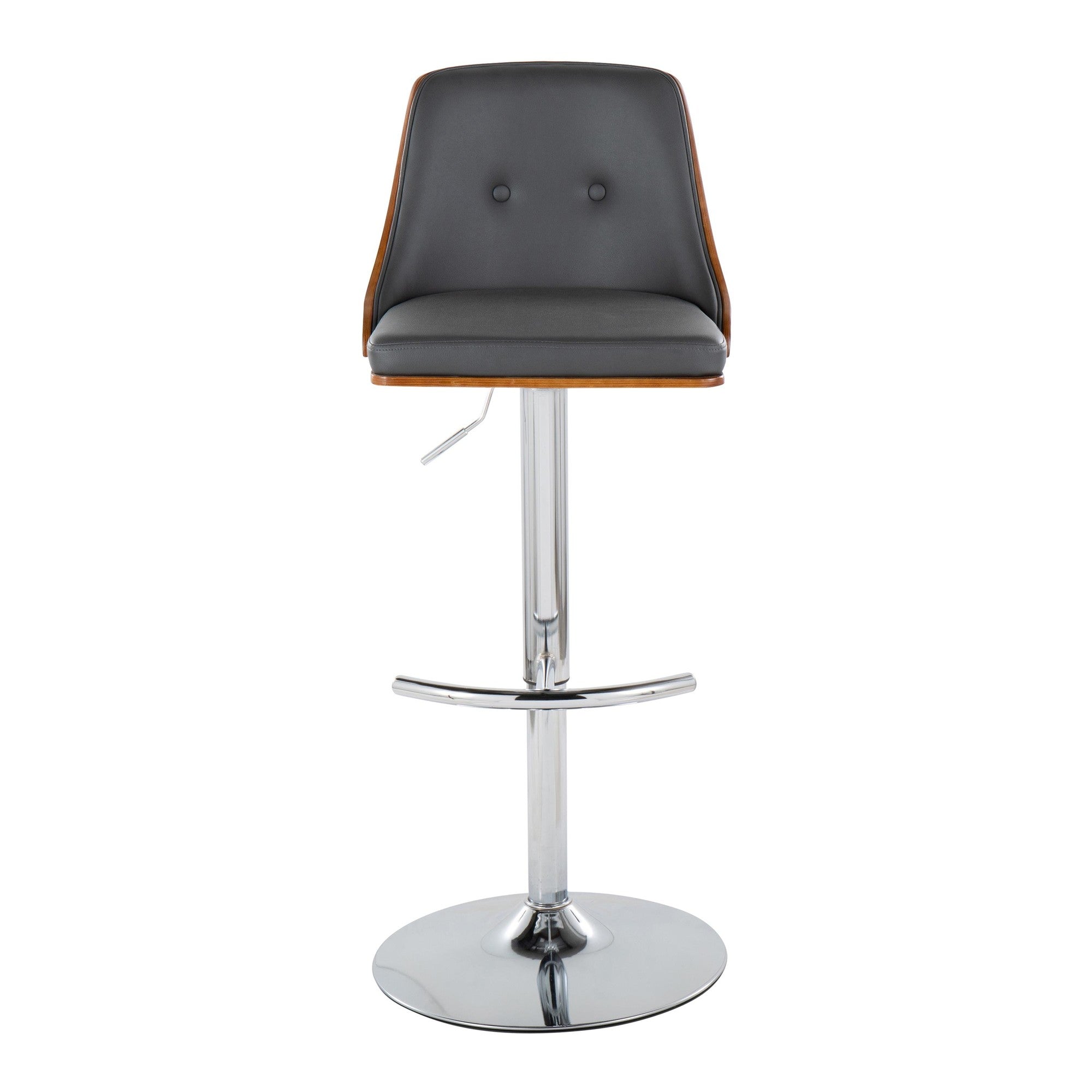 Gianna Adjustable Barstool - Set of 2 - Chrome Metal, Walnut Wood, Grey PU