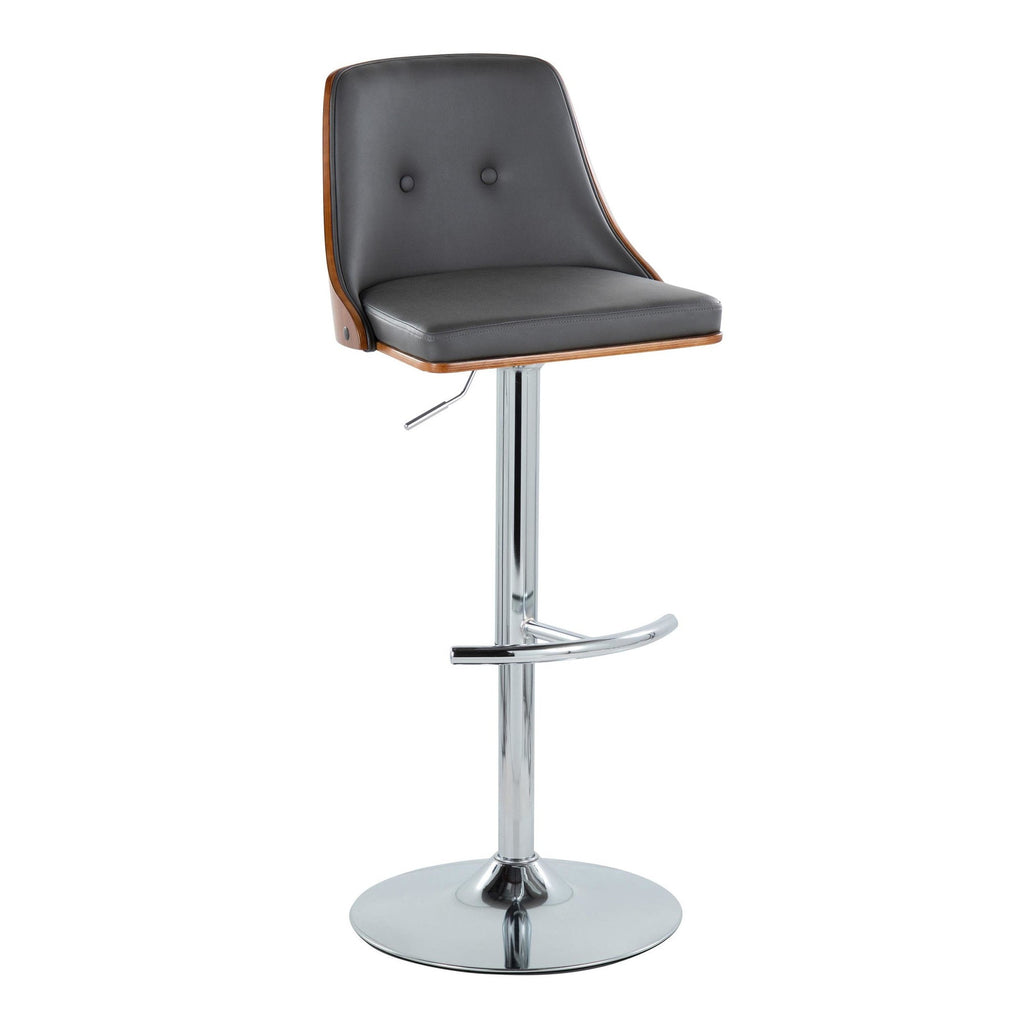 Gianna Adjustable Barstool - Set of 2 - Chrome Metal, Walnut Wood, Grey PU