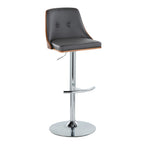 Gianna Adjustable Barstool - Set of 2 - Chrome Metal, Walnut Wood, Grey PU