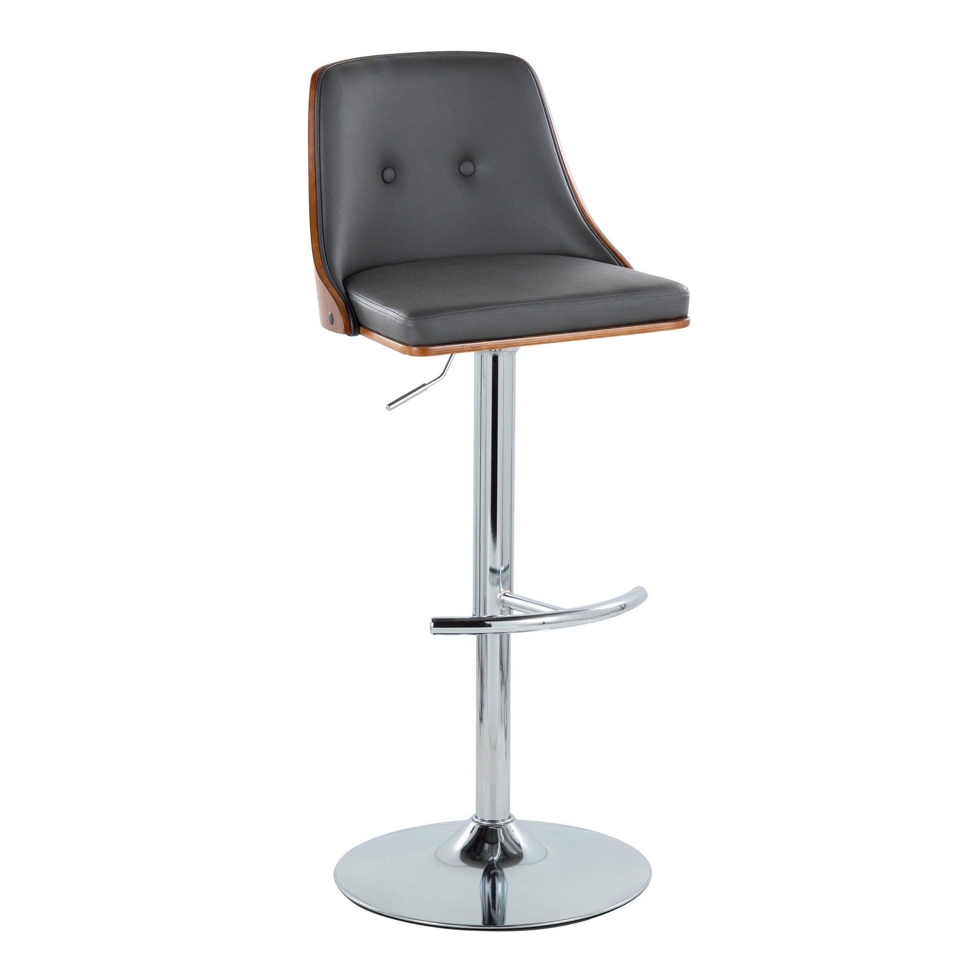 Gianna Adjustable Barstool - Set of 2 - Chrome Metal, Walnut Wood, Grey PU