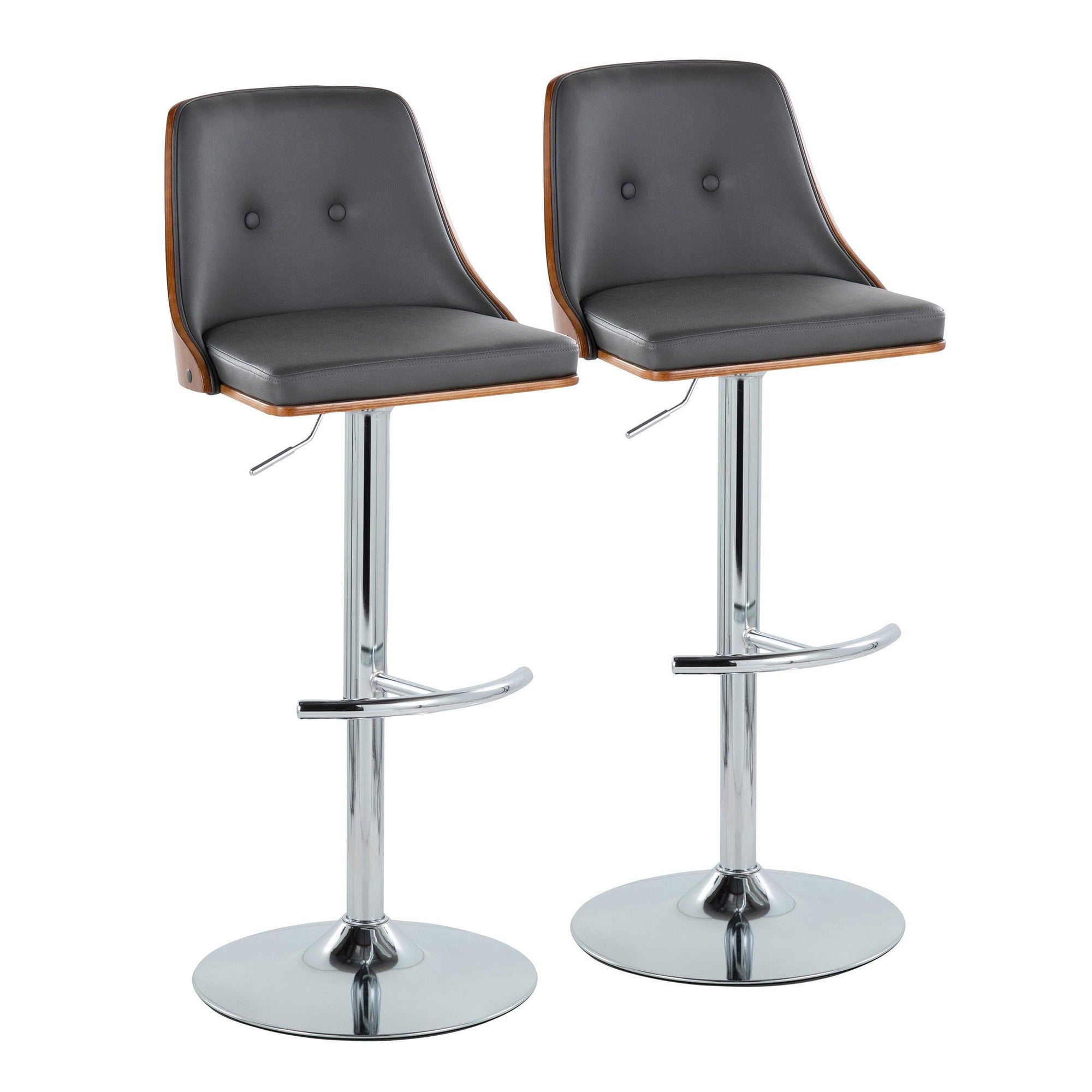 Gianna Adjustable Barstool - Set of 2 - Chrome Metal, Walnut Wood, Grey PU