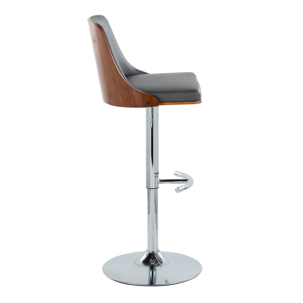 Gianna Adjustable Barstool - Set of 2 - Chrome Metal, Walnut Wood, Grey PU