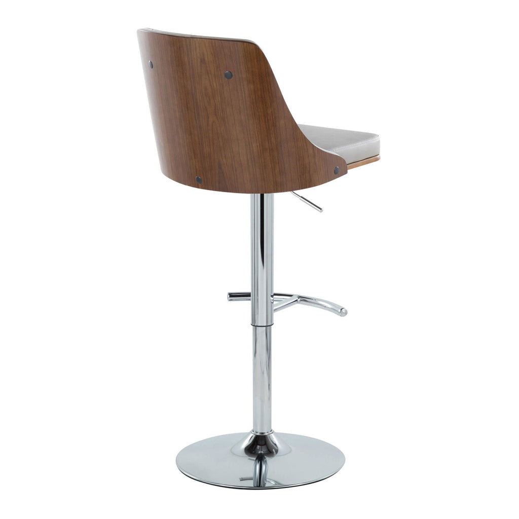 Gianna Adjustable Barstool - Set of 2 - Chrome Metal, Walnut Wood, Light Grey PU