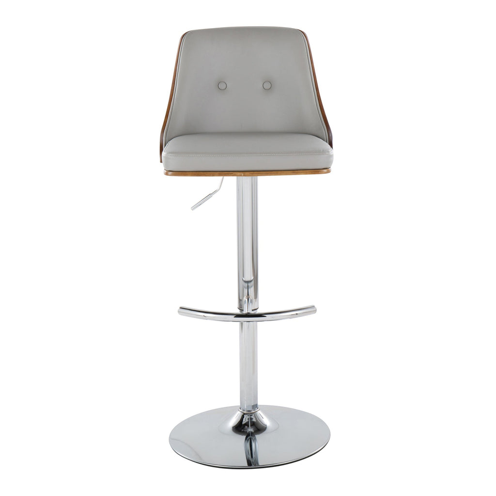 Gianna Adjustable Barstool - Set of 2 - Chrome Metal, Walnut Wood, Light Grey PU