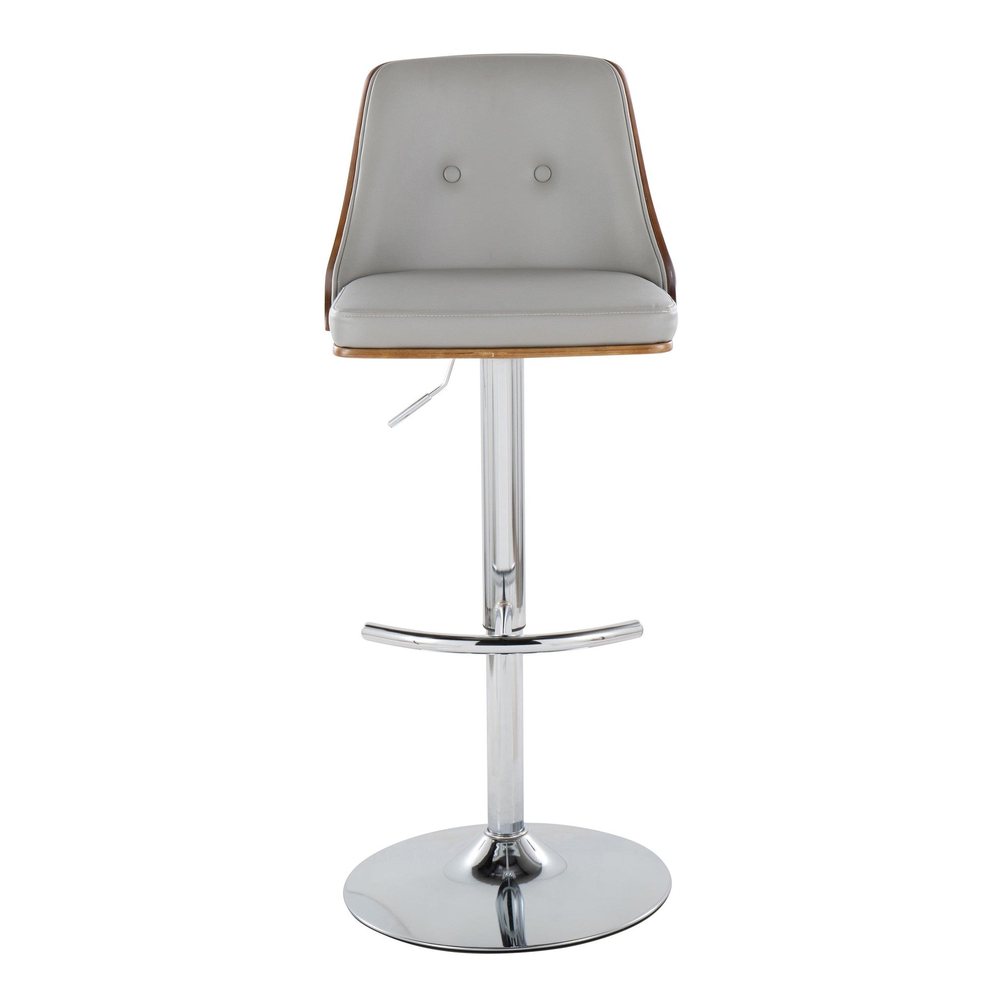 Gianna Adjustable Barstool - Set of 2 - Chrome Metal, Walnut Wood, Light Grey PU