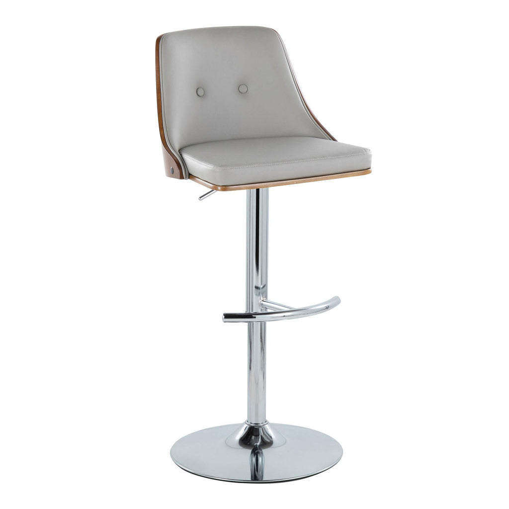 Gianna Adjustable Barstool - Set of 2 - Chrome Metal, Walnut Wood, Light Grey PU