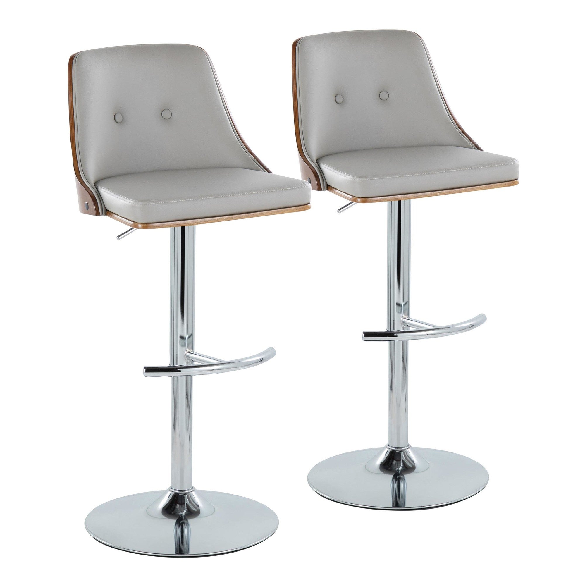 Gianna Adjustable Barstool - Set of 2 - Chrome Metal, Walnut Wood, Light Grey PU