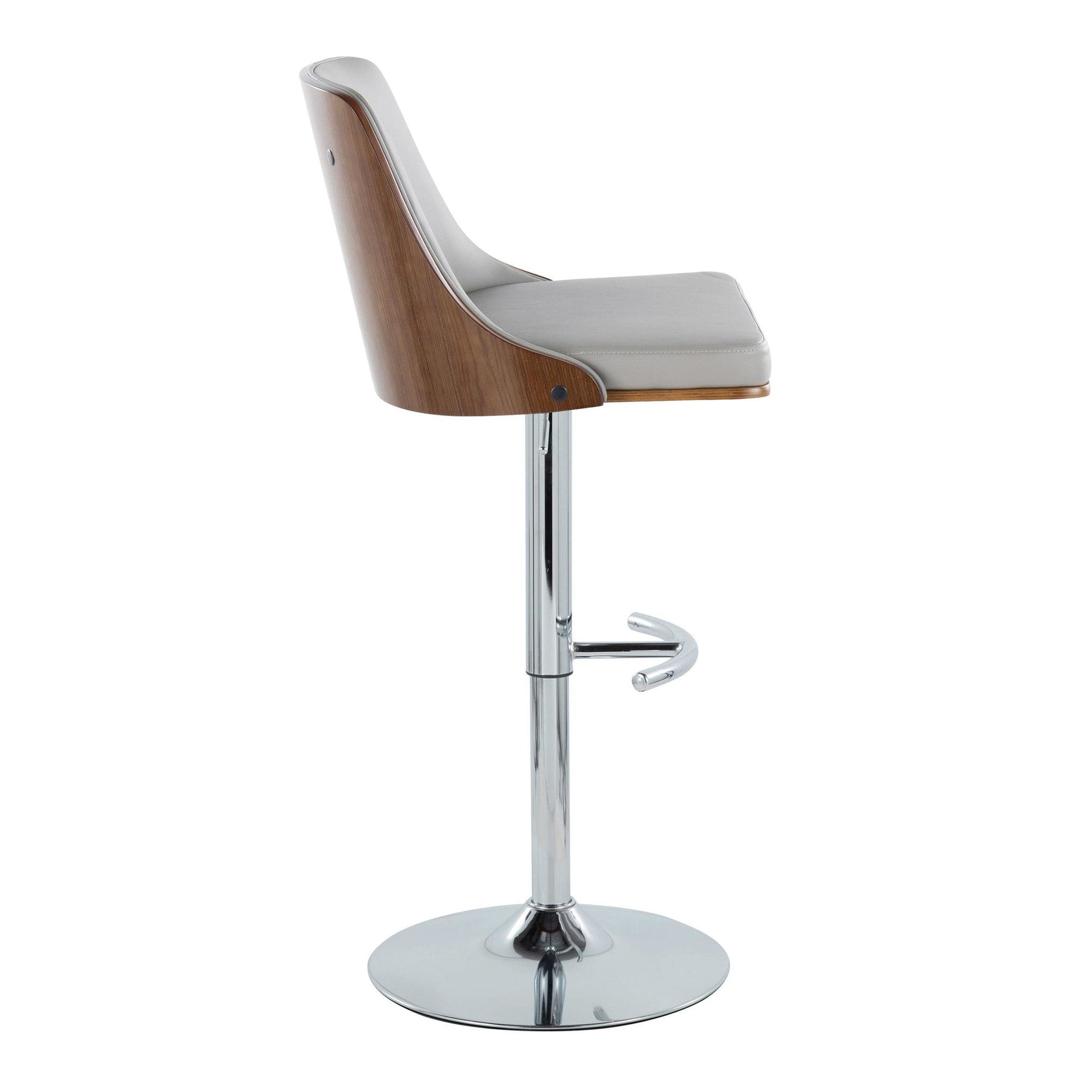 Gianna Adjustable Barstool - Set of 2 - Chrome Metal, Walnut Wood, Light Grey PU