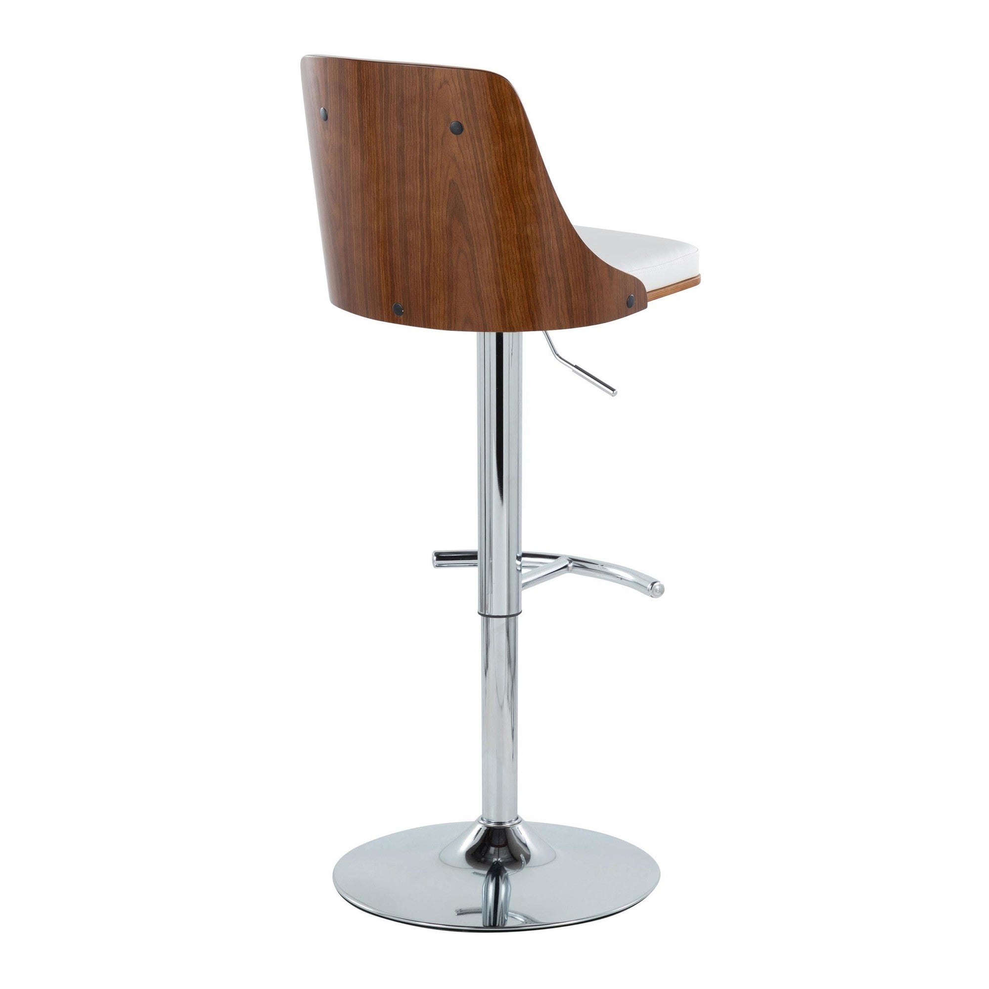 Gianna Adjustable Barstool - Set of 2 - Chrome Metal, Walnut Wood, White PU