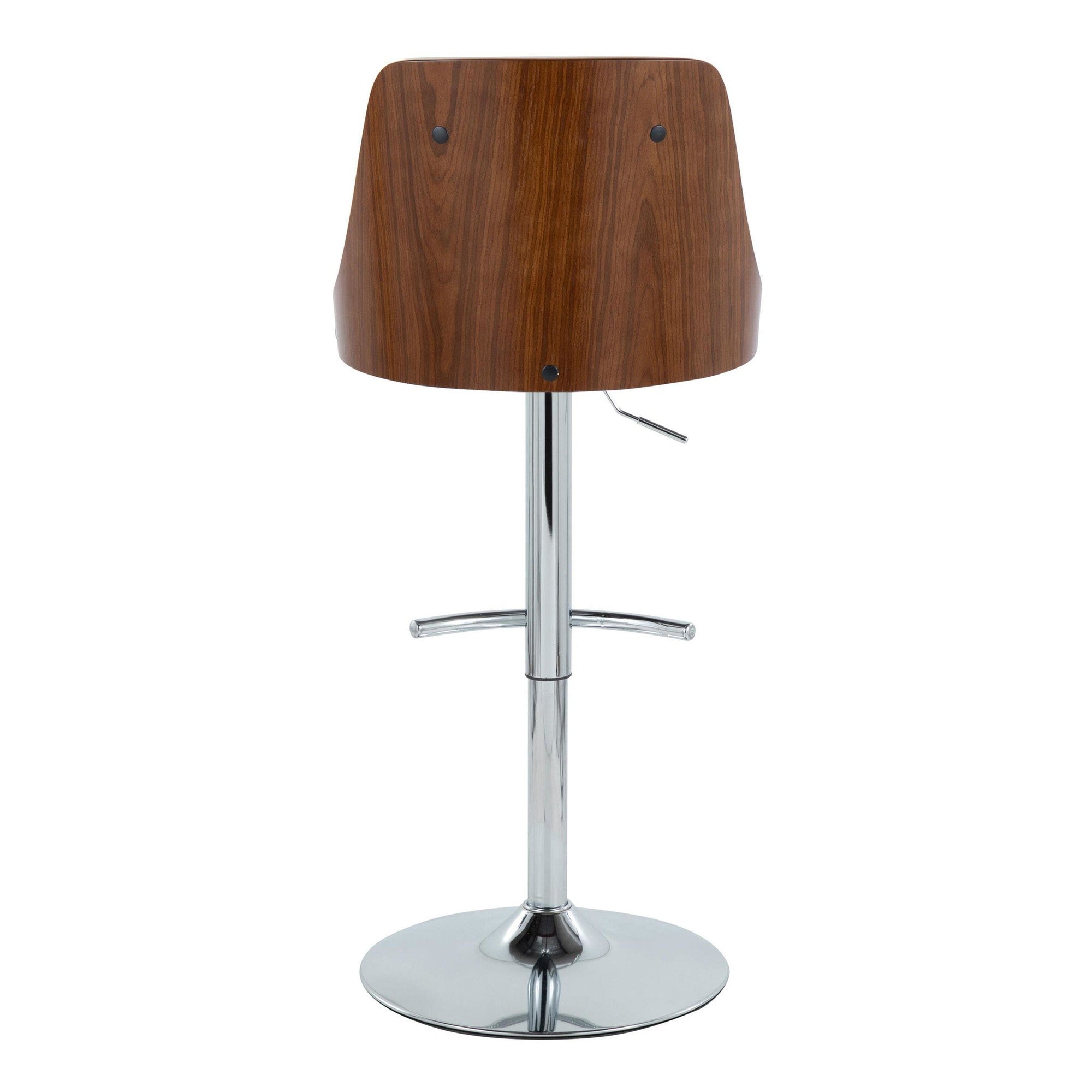 Gianna Adjustable Barstool - Set of 2 - Chrome Metal, Walnut Wood, White PU
