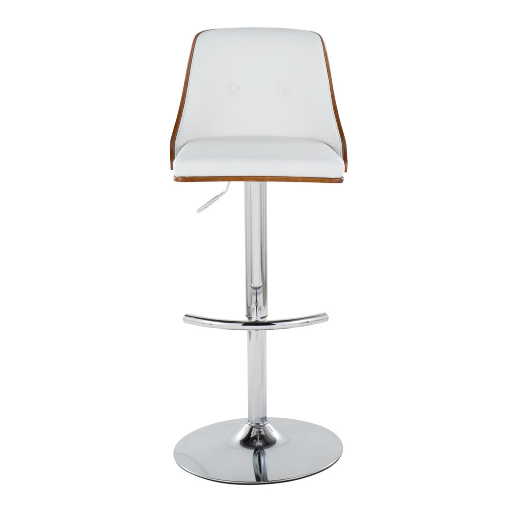 Gianna Adjustable Barstool - Set of 2 - Chrome Metal, Walnut Wood, White PU