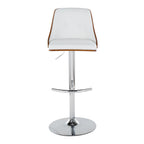 Gianna Adjustable Barstool - Set of 2 - Chrome Metal, Walnut Wood, White PU