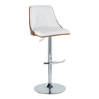 Gianna Adjustable Barstool - Set of 2 - Chrome Metal, Walnut Wood, White PU