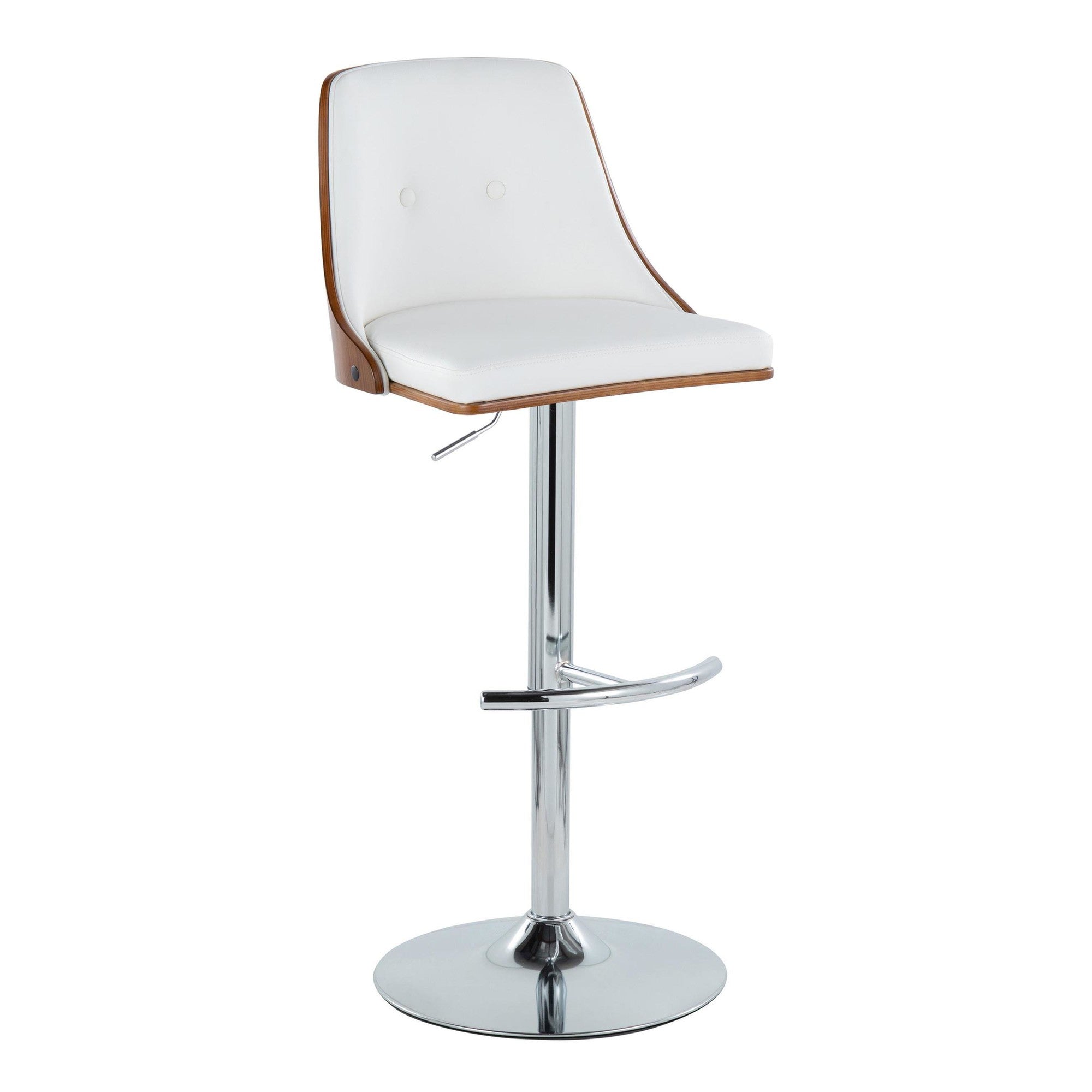 Gianna Adjustable Barstool - Set of 2 - Chrome Metal, Walnut Wood, White PU