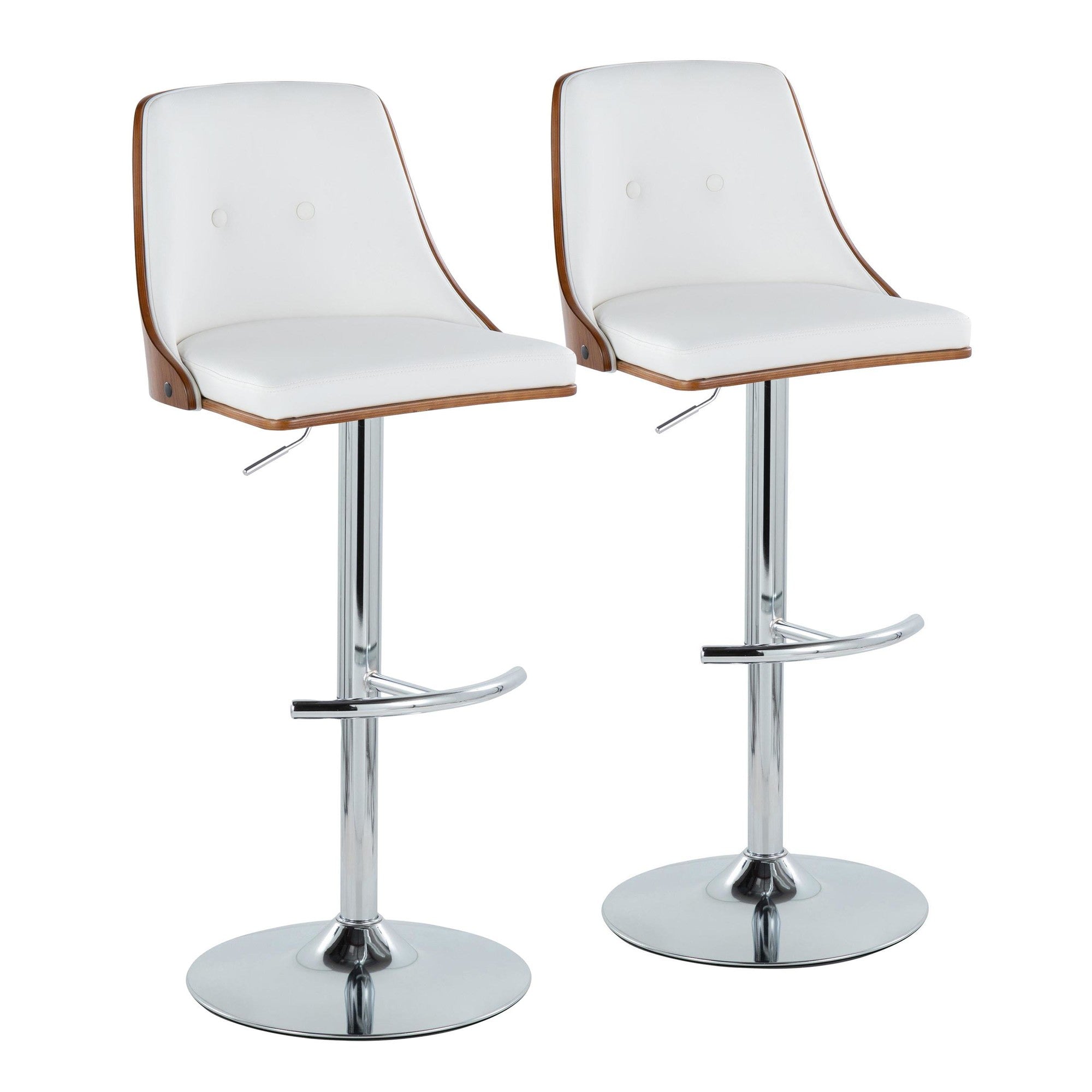 Gianna Adjustable Barstool - Set of 2 - Chrome Metal, Walnut Wood, White PU