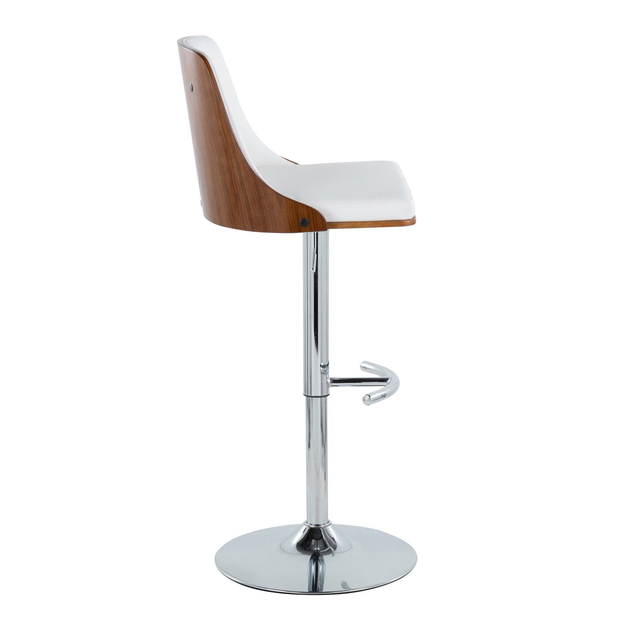 Gianna Adjustable Barstool - Set of 2 - Chrome Metal, Walnut Wood, White PU