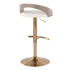 Grotto Adjustable Barstool - Gold Metal, Light Grey Wood, White PU