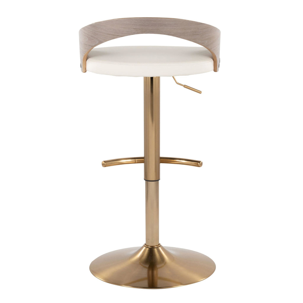 Grotto Adjustable Barstool - Gold Metal, Light Grey Wood, White PU