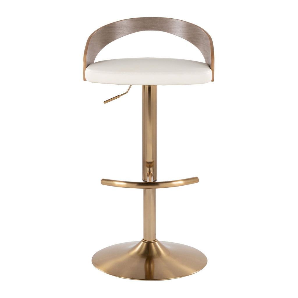Grotto Adjustable Barstool - Gold Metal, Light Grey Wood, White PU