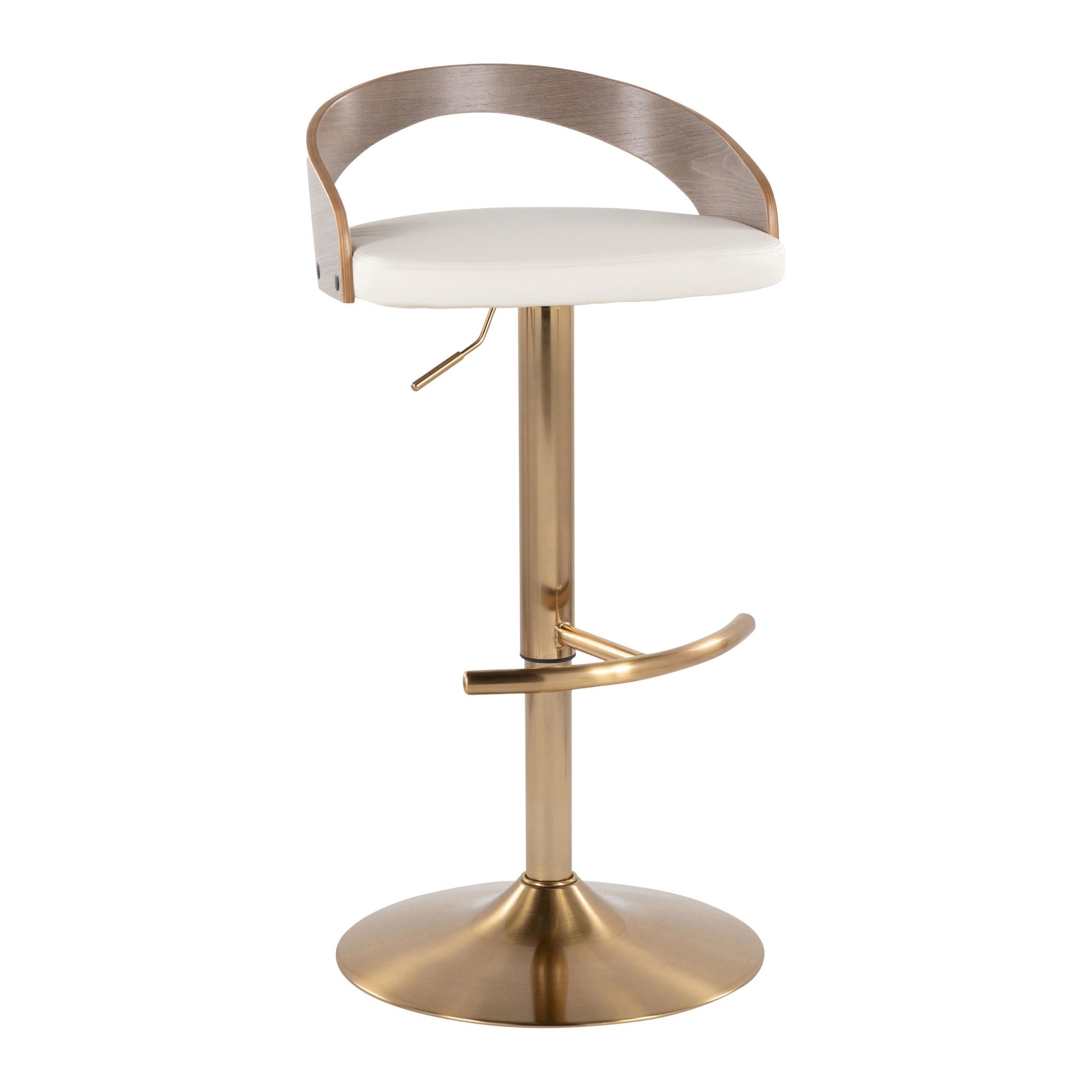 Grotto Adjustable Barstool - Gold Metal, Light Grey Wood, White PU