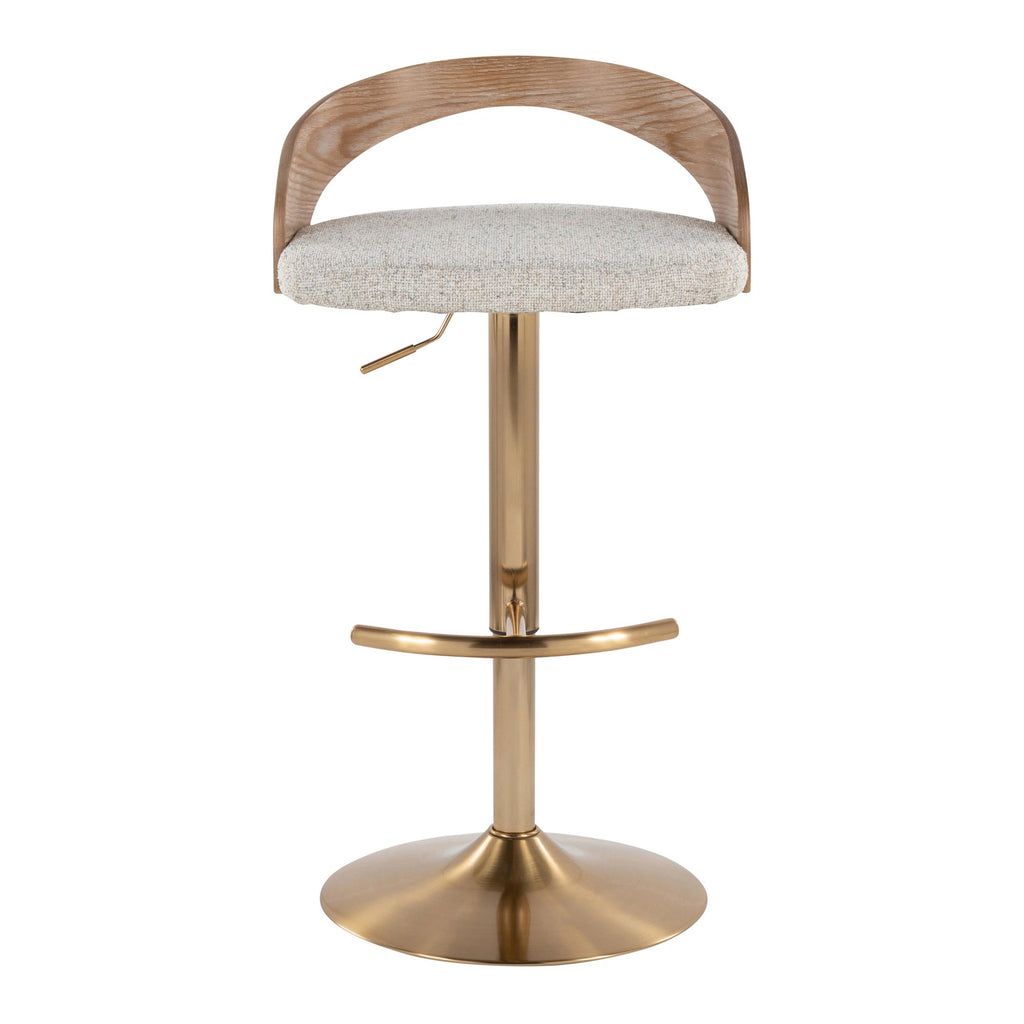 Grotto Adjustable Barstool - Gold Metal, Whitewashed Wood, Oat Fabric