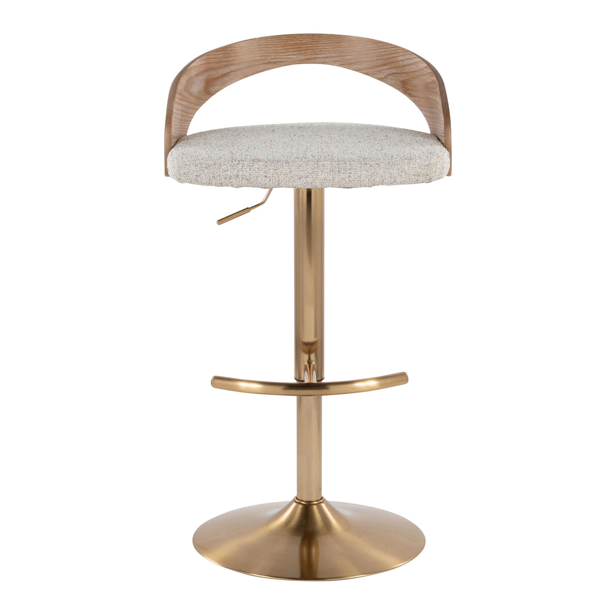 Grotto Adjustable Barstool - Gold Metal, Whitewashed Wood, Oat Fabric