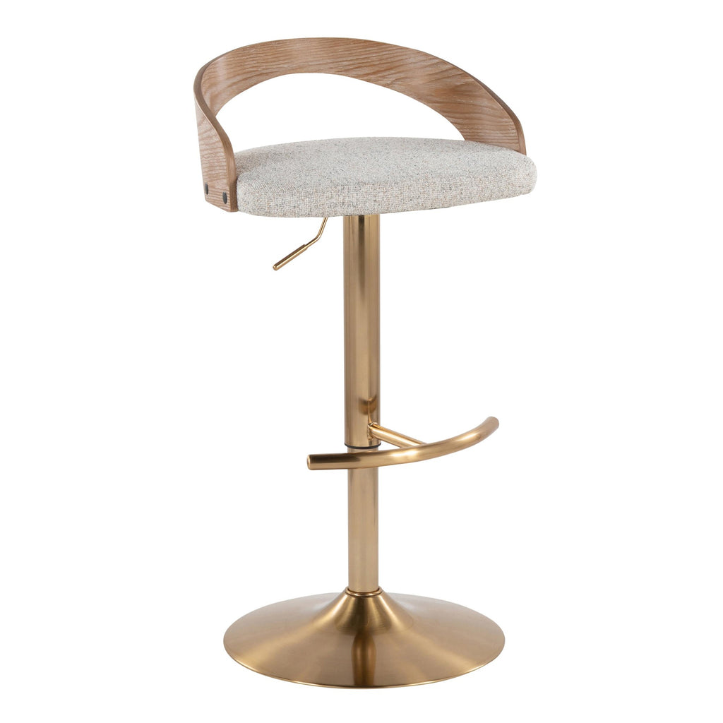 Grotto Adjustable Barstool - Gold Metal, Whitewashed Wood, Oat Fabric