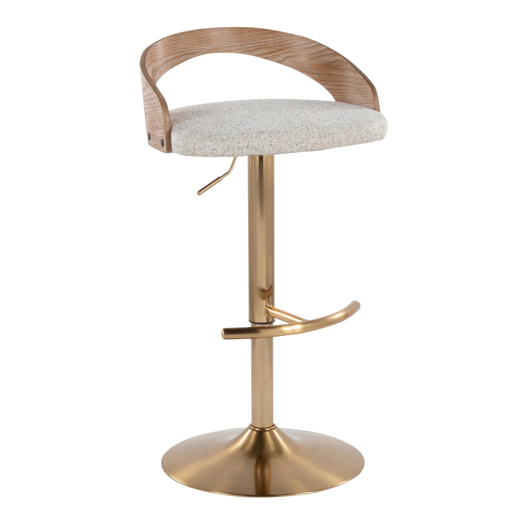 Grotto Adjustable Barstool - Gold Metal, Whitewashed Wood, Oat Fabric