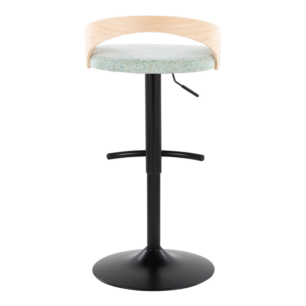 Grotto Adjustable Barstool - Black Metal, Natural Wood, Light Green Fabric